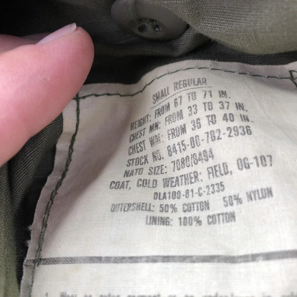 Vintage US Army Coat Mens Small Green Canvas Cold Weather Field Military OG-107